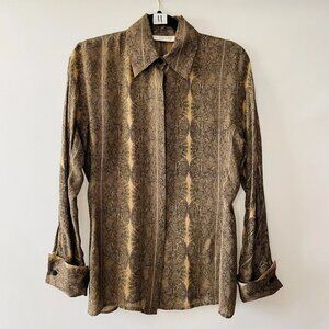 Pomodoro Womens Brown Gold Tapestry Style Print Silk Button Up Shirt Size 6